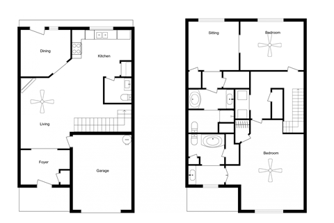 Floor plan for 2 beds, 2.5 baths, 1938 sqft